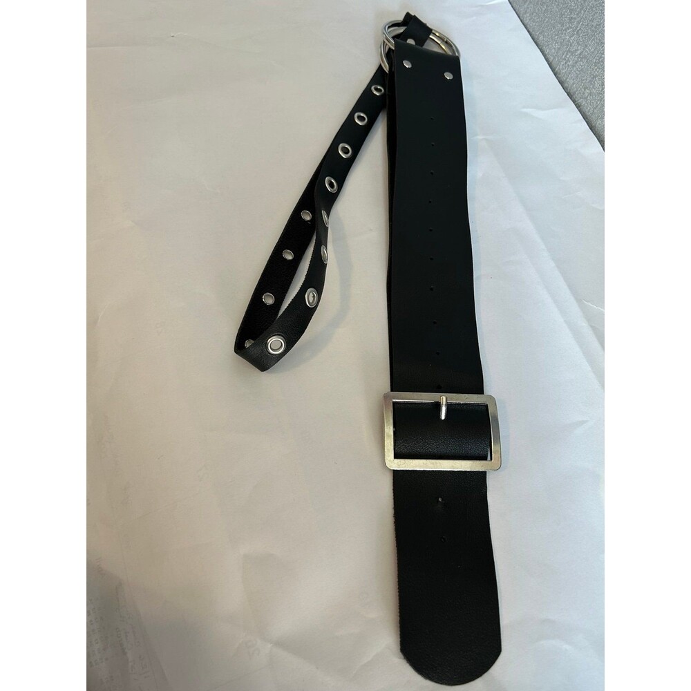 Black leather (or synthetic leather) belt with rings and silver tone buckle